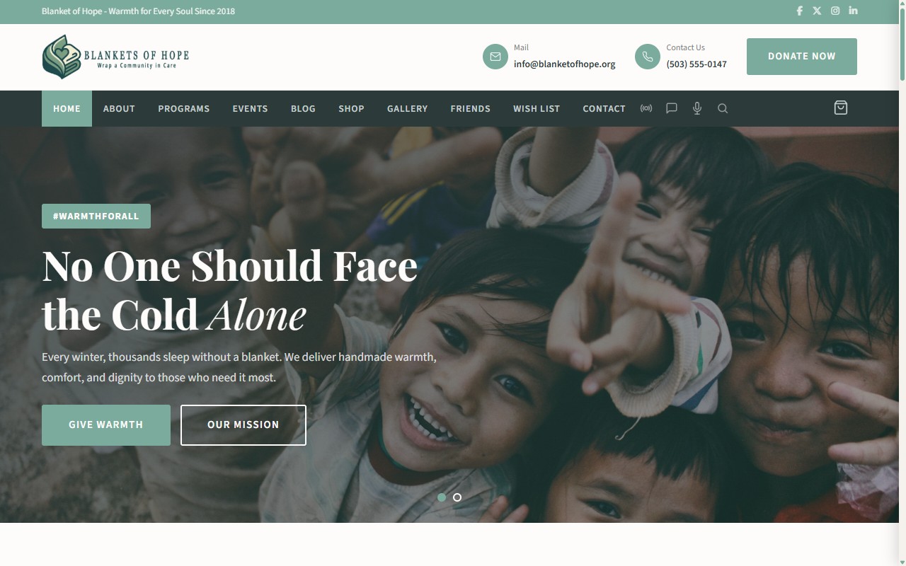 Blanket of Hope live site screenshot